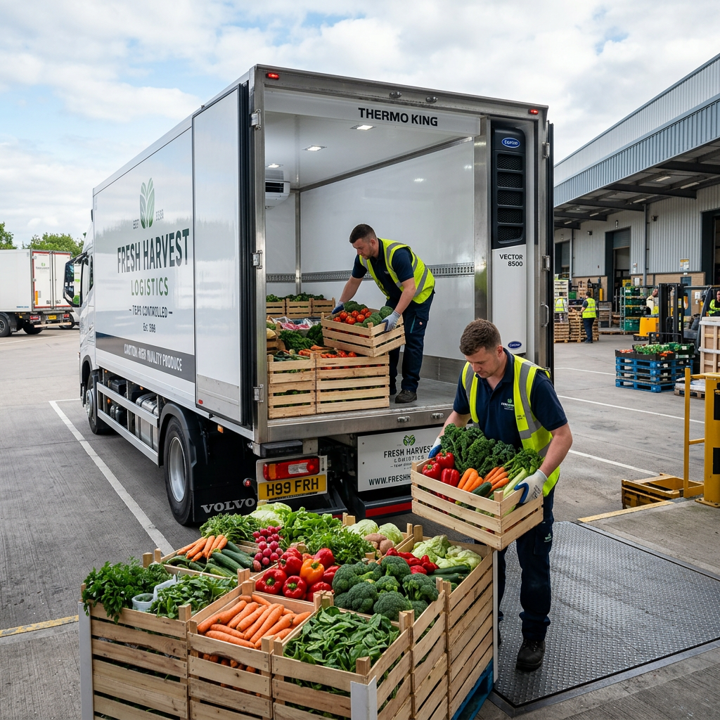 Refrigerated cargo truck viewed from the rear, ready for temperature-sensitive delivery